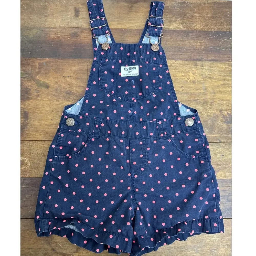 OshKosh B'Gosh Blue & Pink Polka Dot Bib Shorts Shortalls Vestbak Girls Size 4T